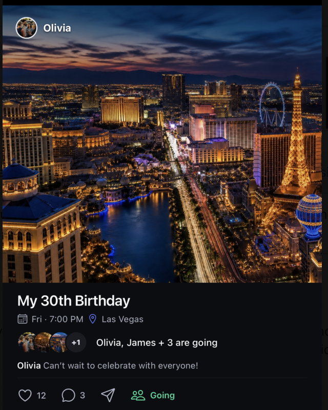 Ubizie feed preview: Olivia’s My 30th Birthday plan in Las Vegas, Friday at 7:00 PM, with friends going, comments and reactions.